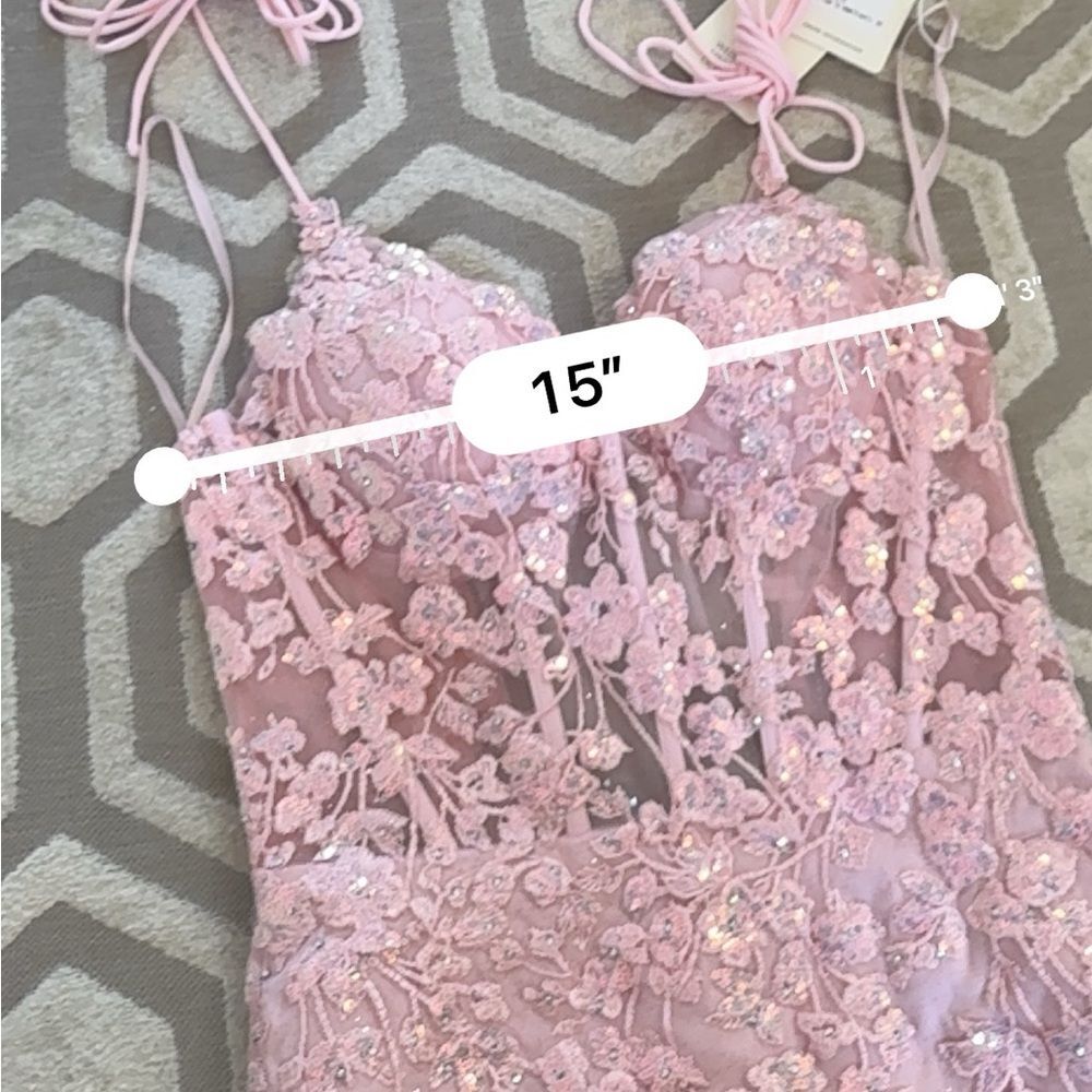STACEES Floral Sequined Lace-Up Homecoming Dress Glitter Blushing Pink 6 NWT - Picture 11 of 13